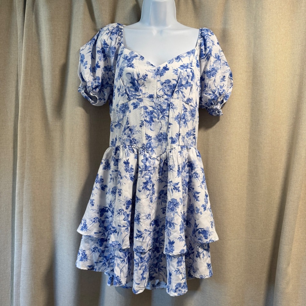 NWT Floral Mini Romper Blue White Puff Sleeve Corset Ruffle Tiered Cottagecore - Picture 1 of 6
